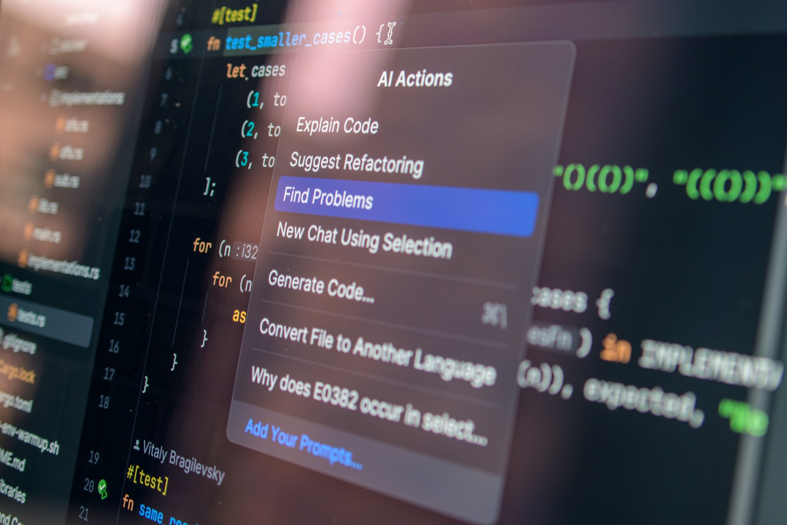Computer screen displaying code with a context menu